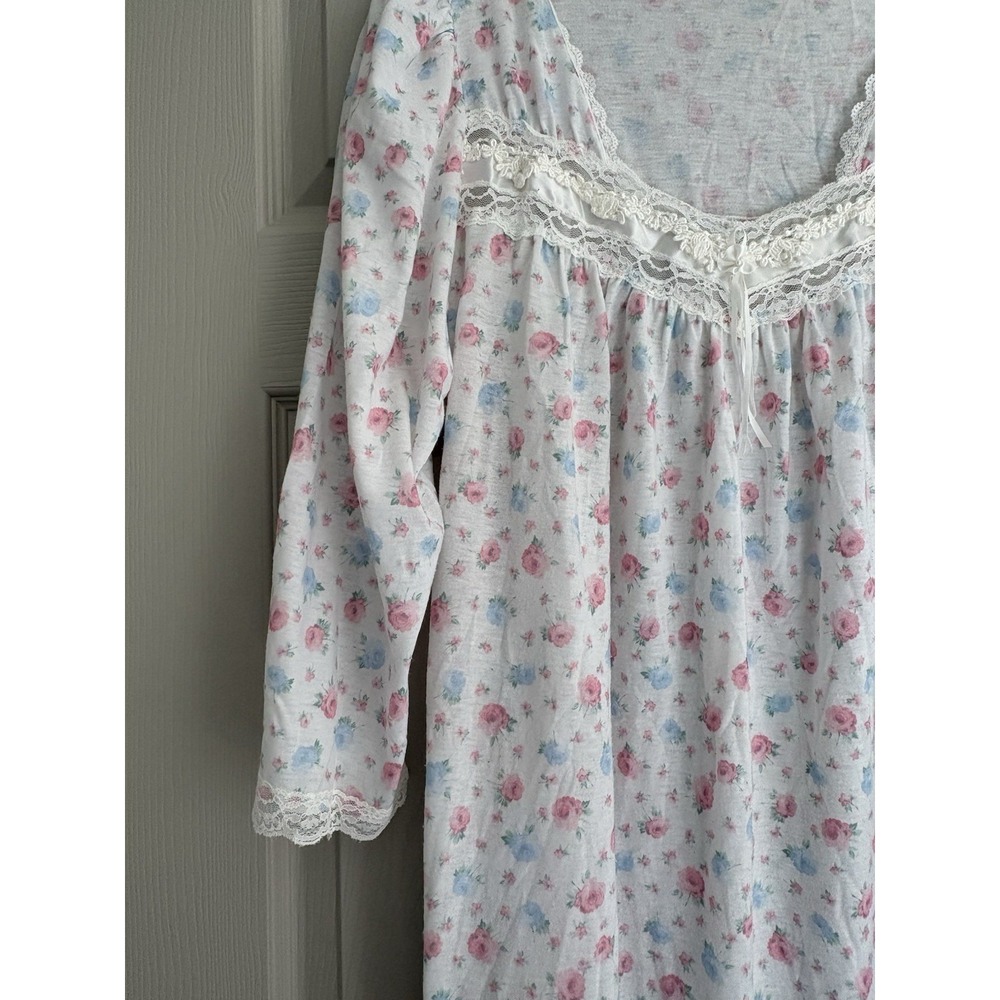 Vintage Miss Elaine Nightgown Floral Lace Cotton Balloon‎ Sleeve Large Flawed - Picture 4 of 12